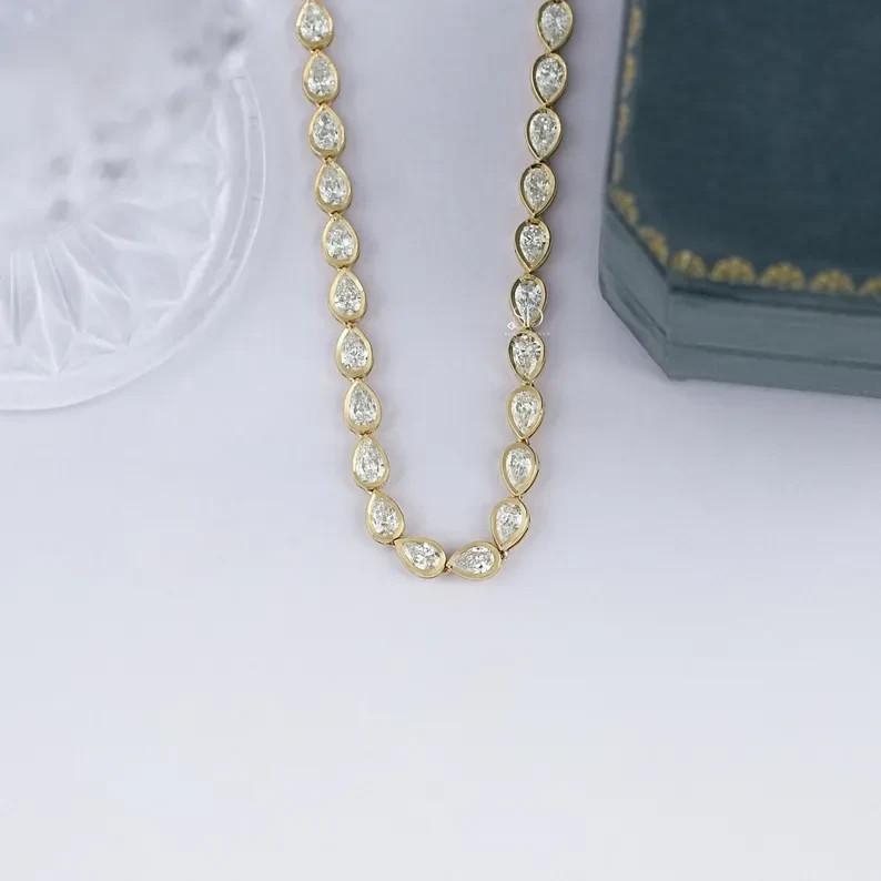 15.00 Ctw Pear Lab Created Diamond Bezel Tennis Necklace 14k Yellow Gold Plated