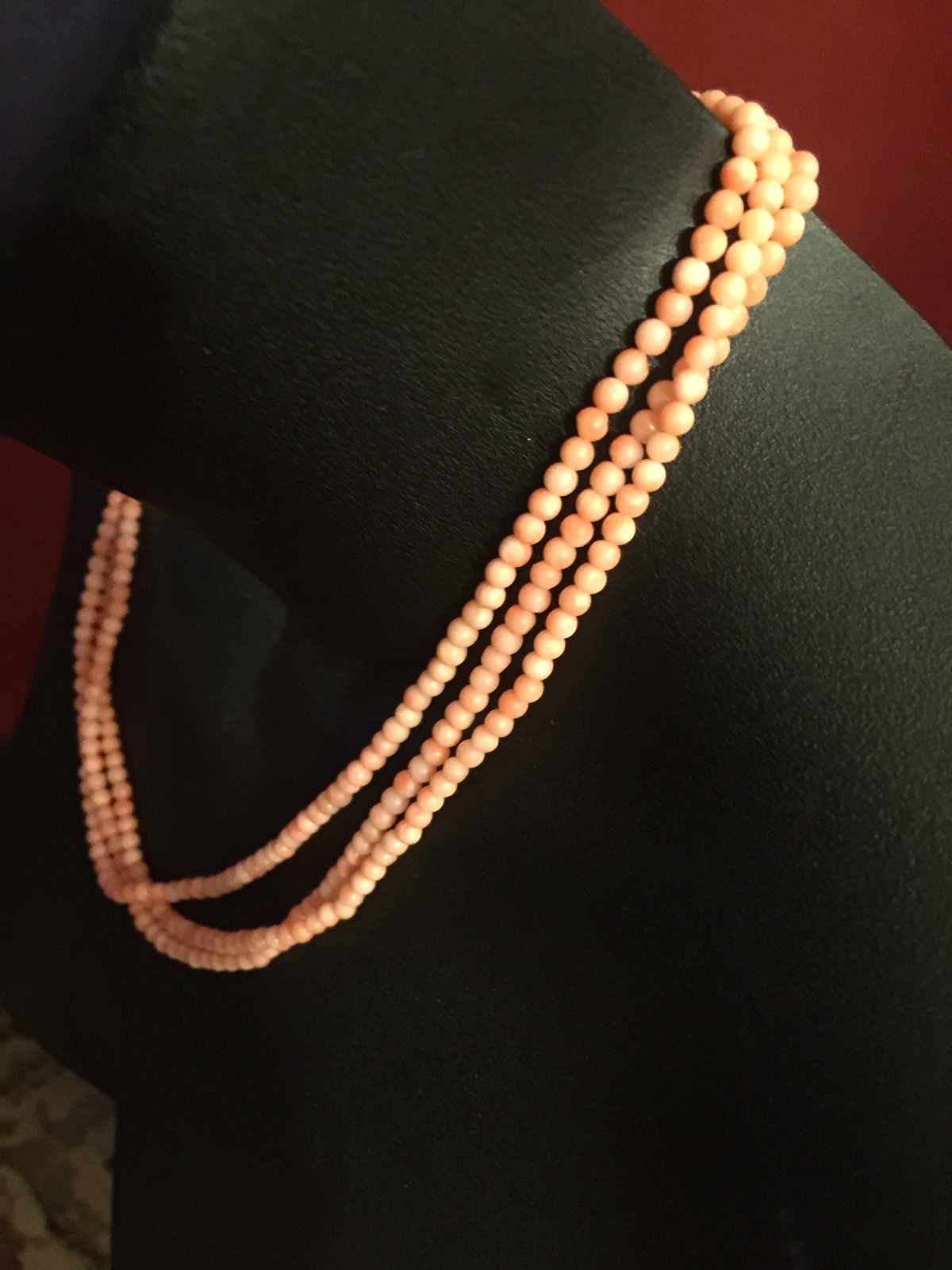 Pink CORAL Triple Strand String 3mm Bead 14k yellow Gold Necklace