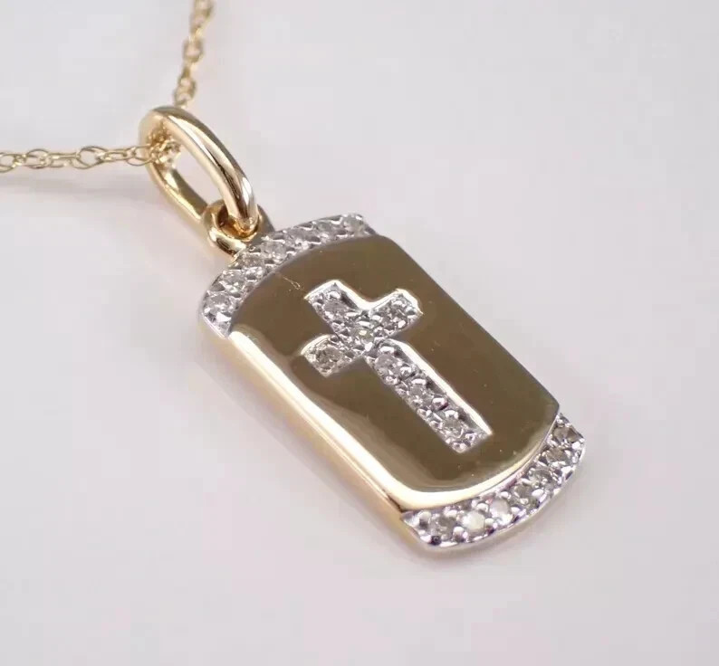0.10Ct Round Moissanite Cross Religious Dog Tag Pendant 14K Yellow Gold Plated