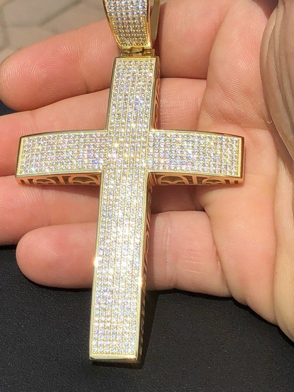 14k Gold Plated Solid 925 Silver Mens Large Cross CZ 3.25” BIG Hip Hop