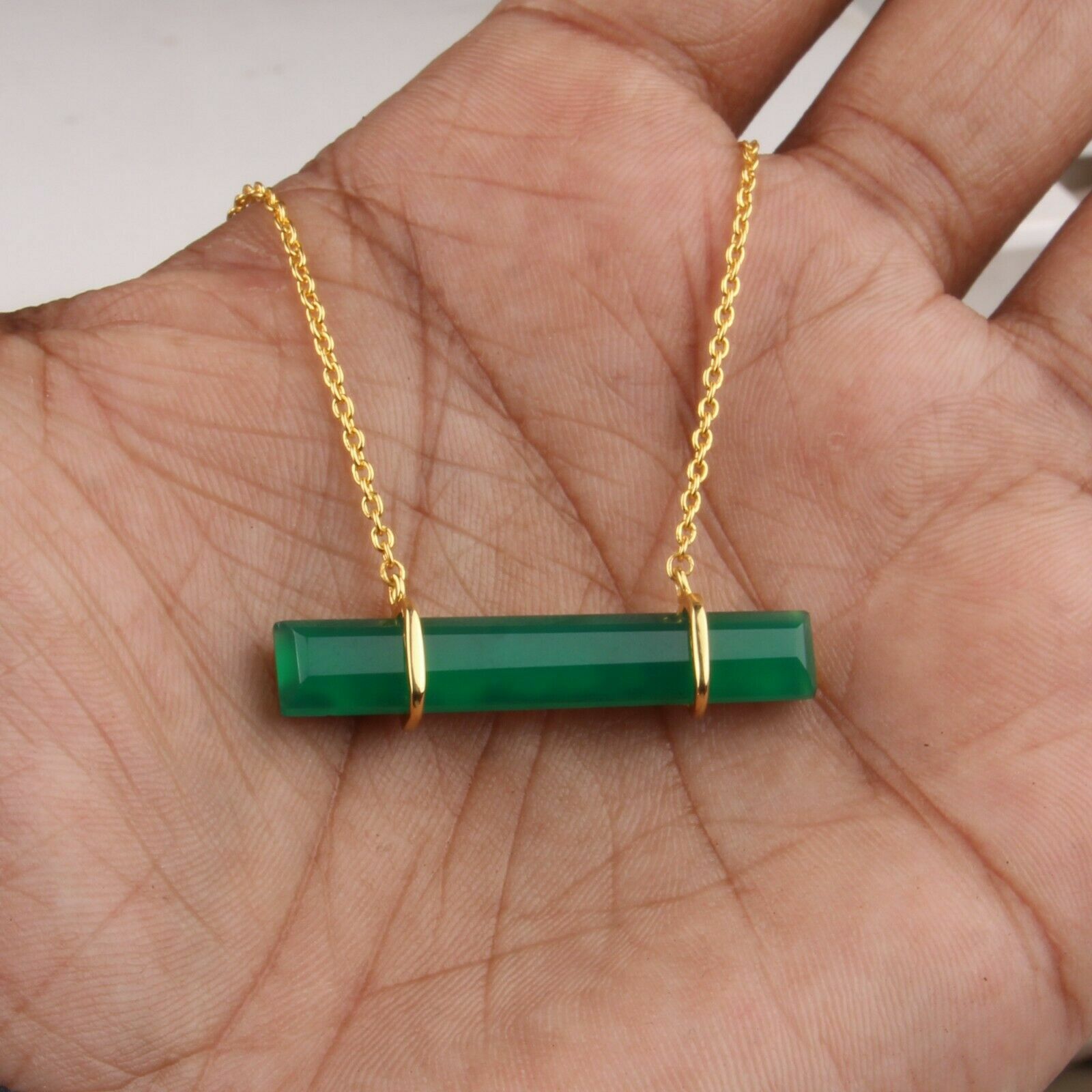 Green Onyx Bar Necklace 925 Silver Gold Plated Horizontal Pendant Necklace