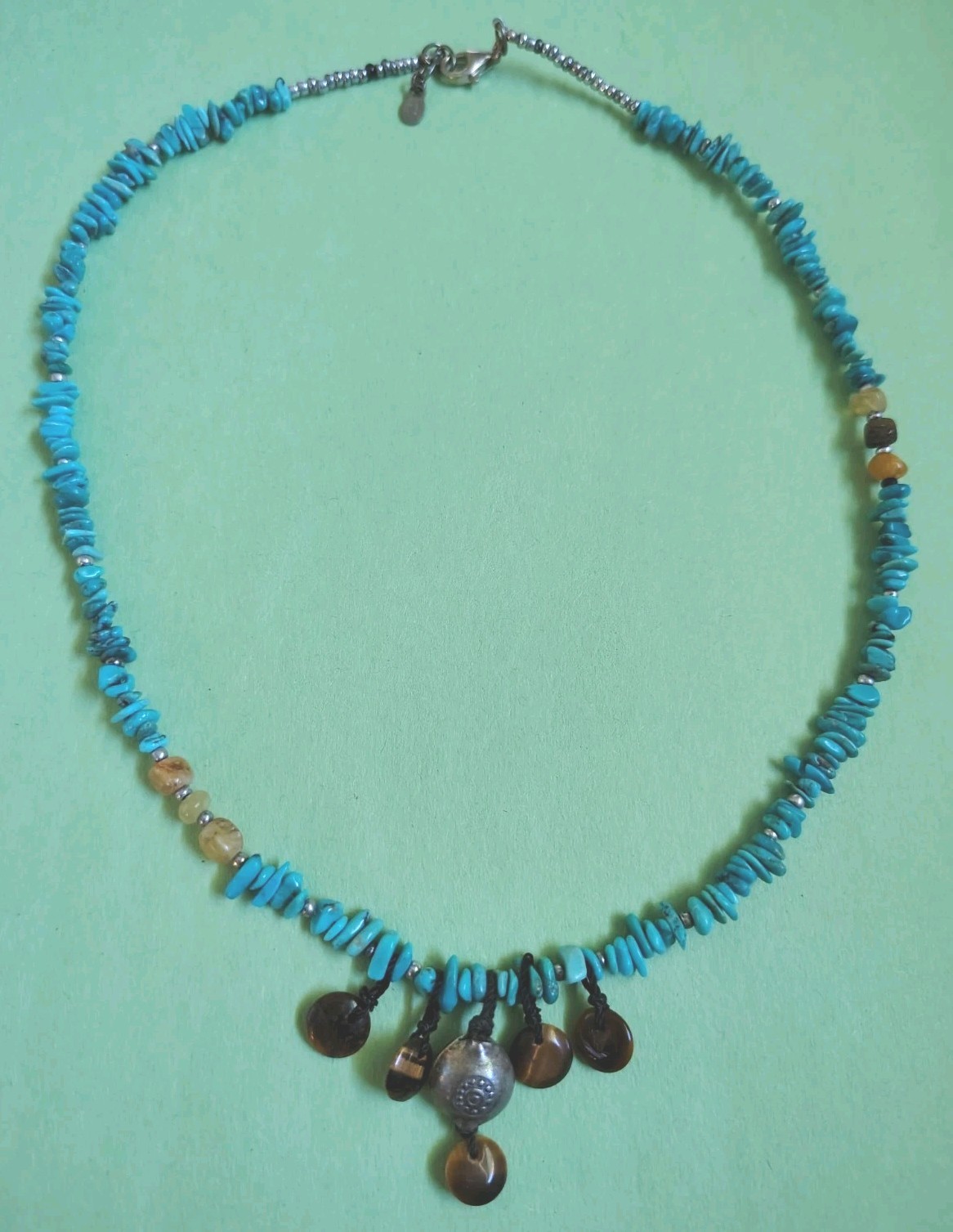 PEYOTE BIRD Signed 925 TURQUOISE, Tiger’s Eye & Quartz Beaded Choker Necklace