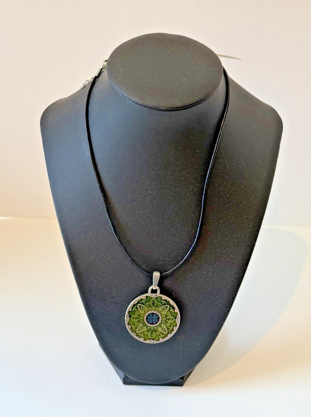 Danforth Pewter Handcrafted Medallion Pendant Green & Blue Mandala 16-17″