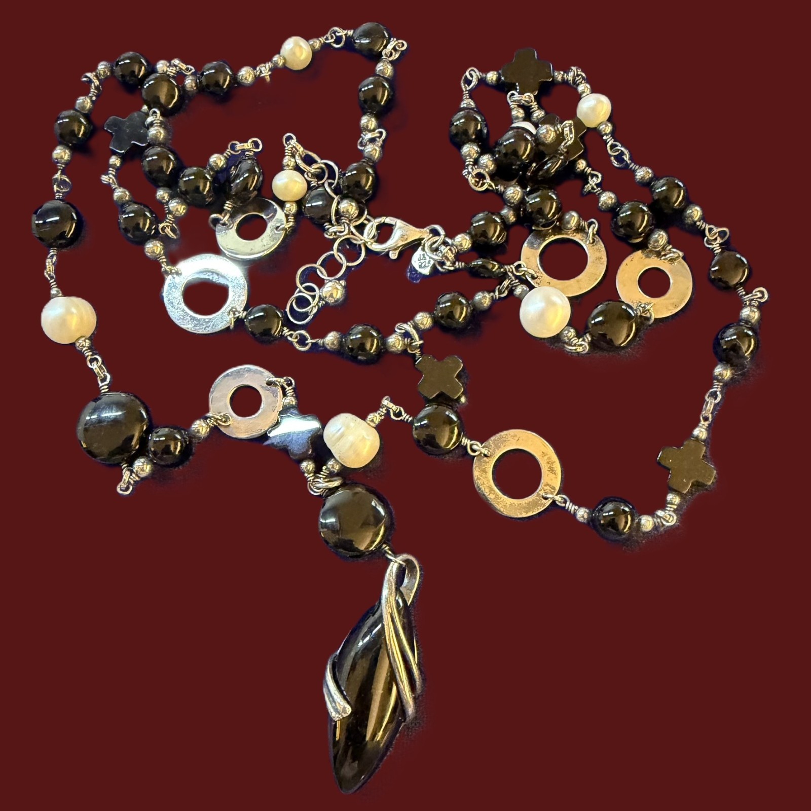 925 Sterling Silver Onyx Pearl Disk Necklace Signed J&T 21in 62.7g Used
