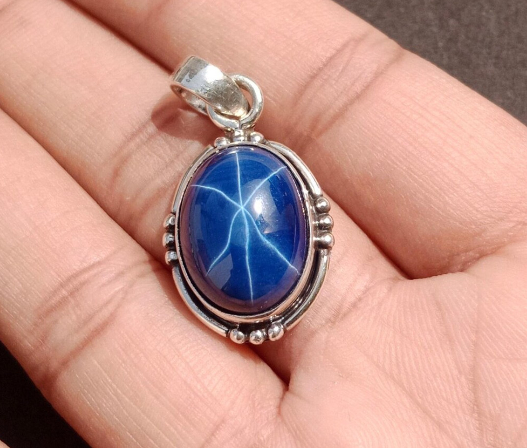 Solid 925 Sterling Silver Vintage Blue Star Sapphire Pendant For Men & Women