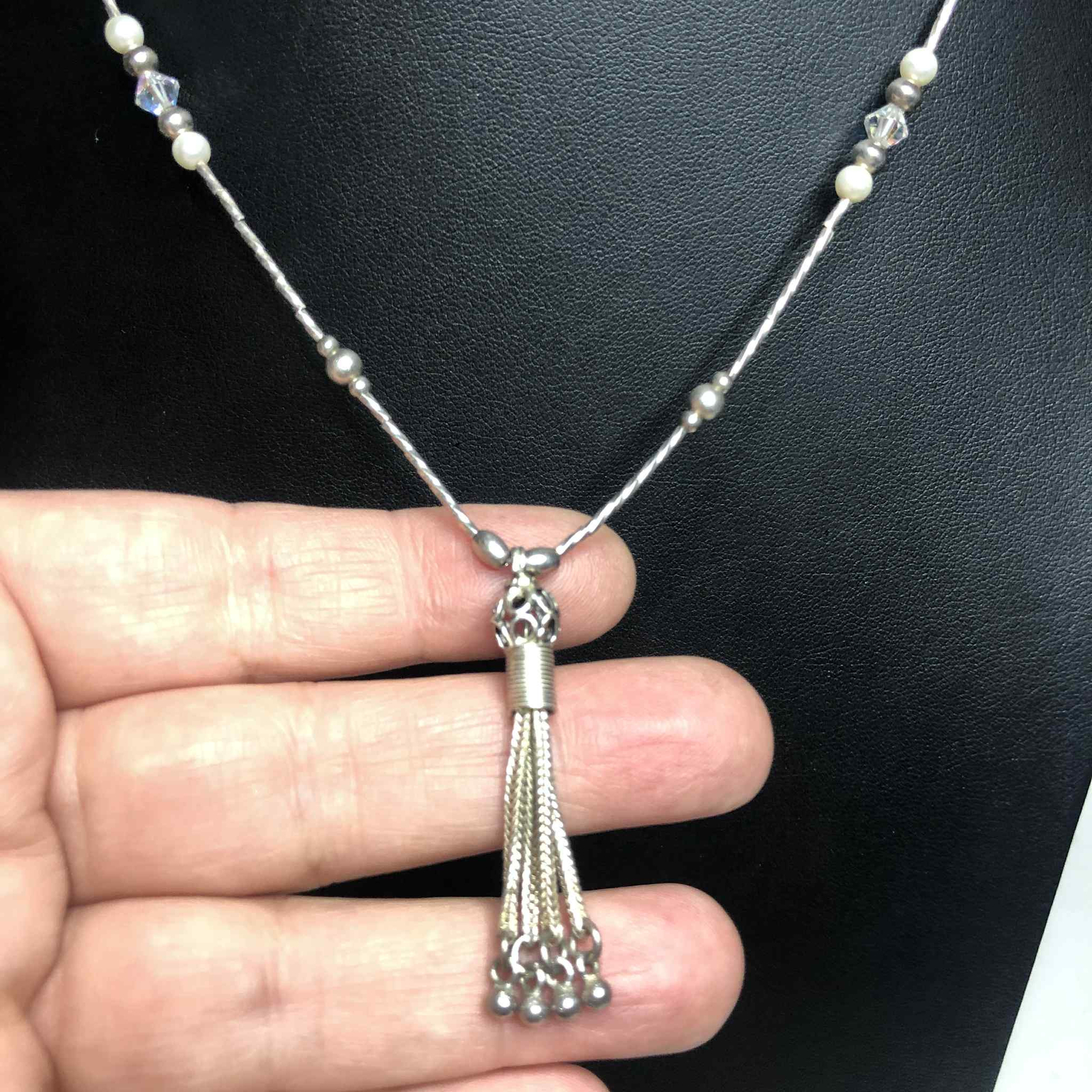 5499 Sterling signed 925 AB crystal faux pearl station tassel necklace 9.6g 20″