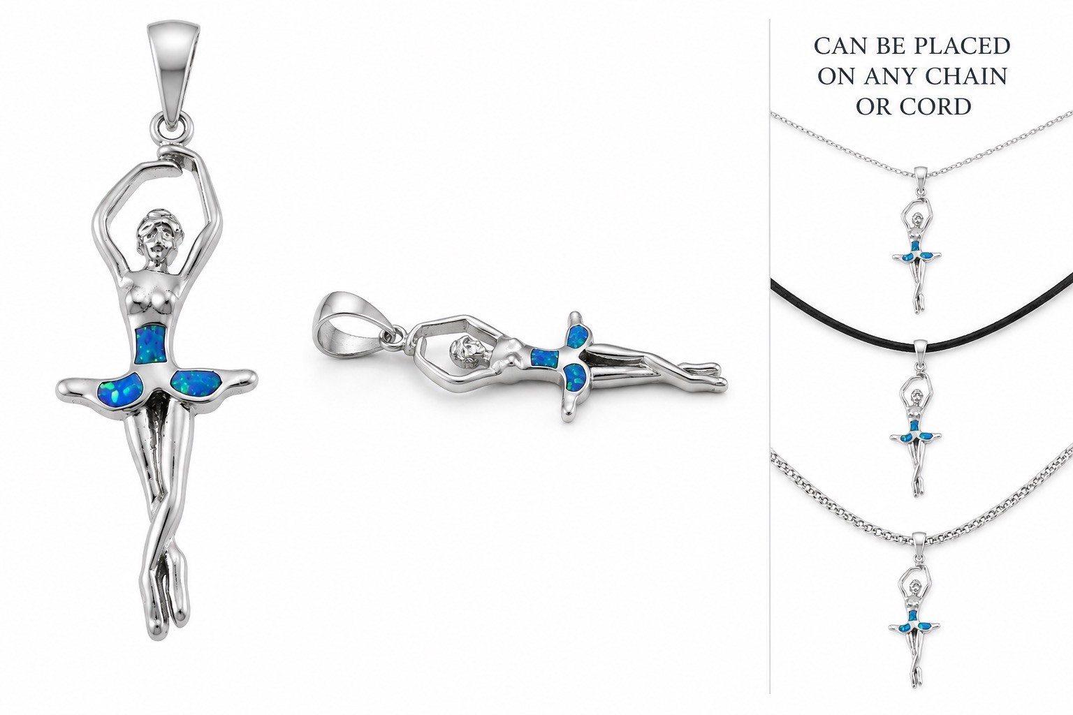 925 Sterling Silver Opal Ballerina Pendant Rhodium Plated Ballet Dancer Charm