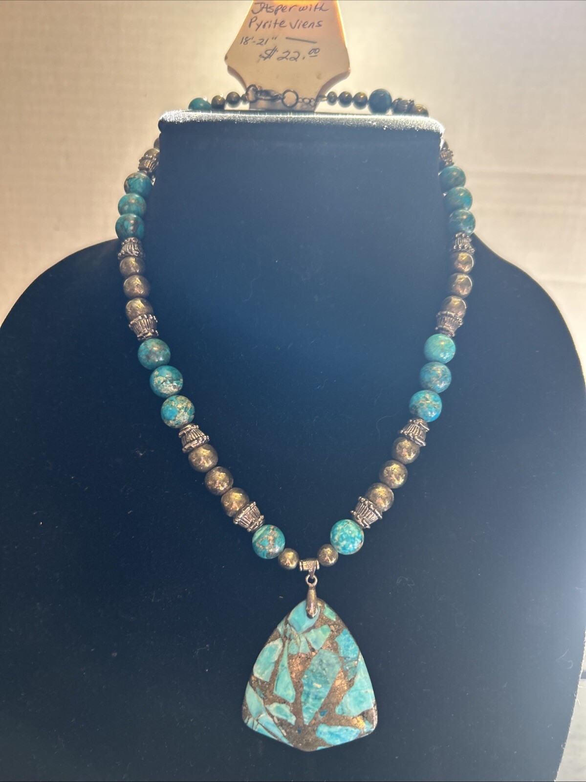 Blue Jasper With Pyrite Veins Pendant Beaded Necklace •New •18-21” •Lobster Claw