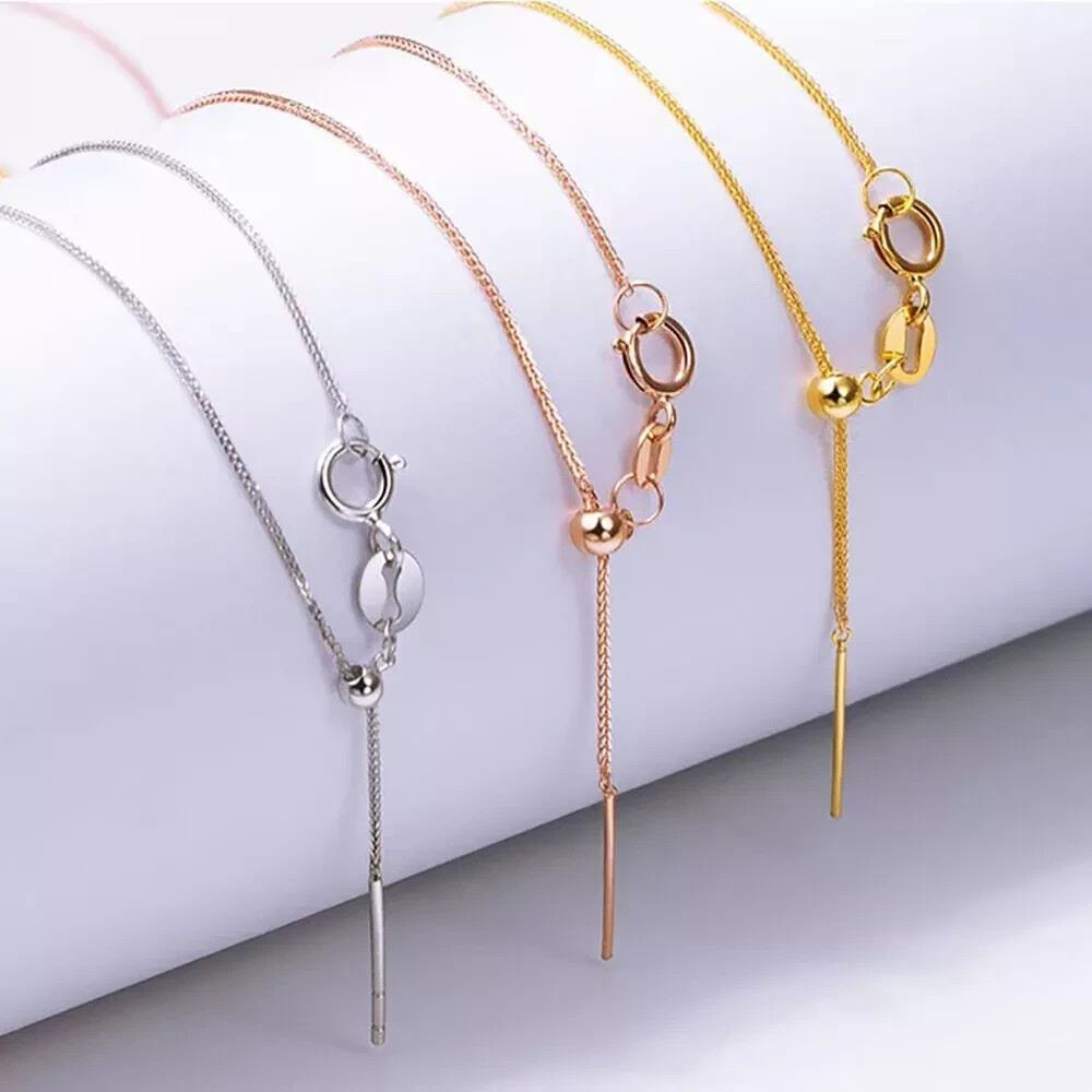 18K Solid Gold Chopin Chain Necklace Needle Beautiful Charm Jewelry Adjustable
