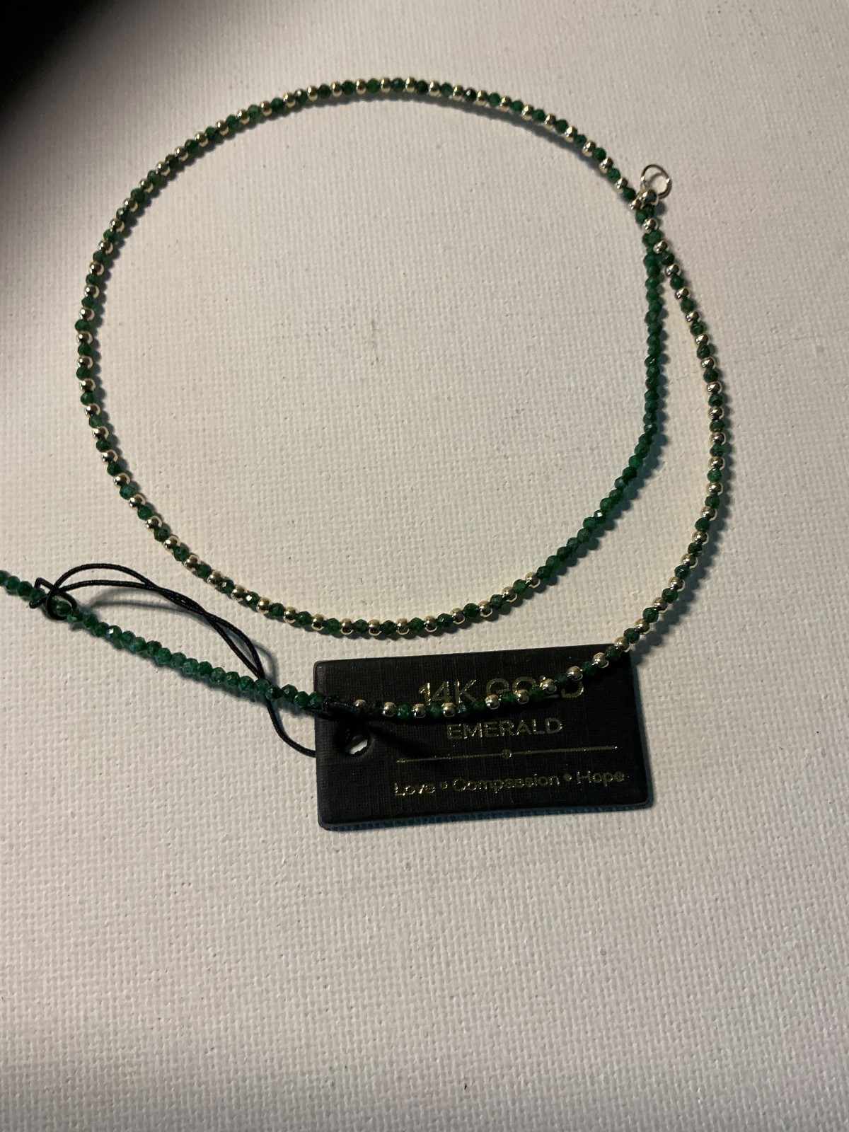 14K SOLID YELLOW GOLD 2MM BEADS WITH DELICATE 2MM FACETED EMERALD NECKLACE