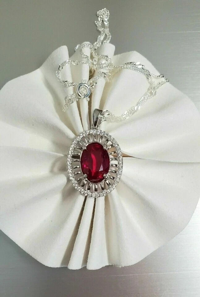 3.5Ct Oval Cut Red Ruby Halo Engagement Pendant 14K White Gold Finish Free Chain