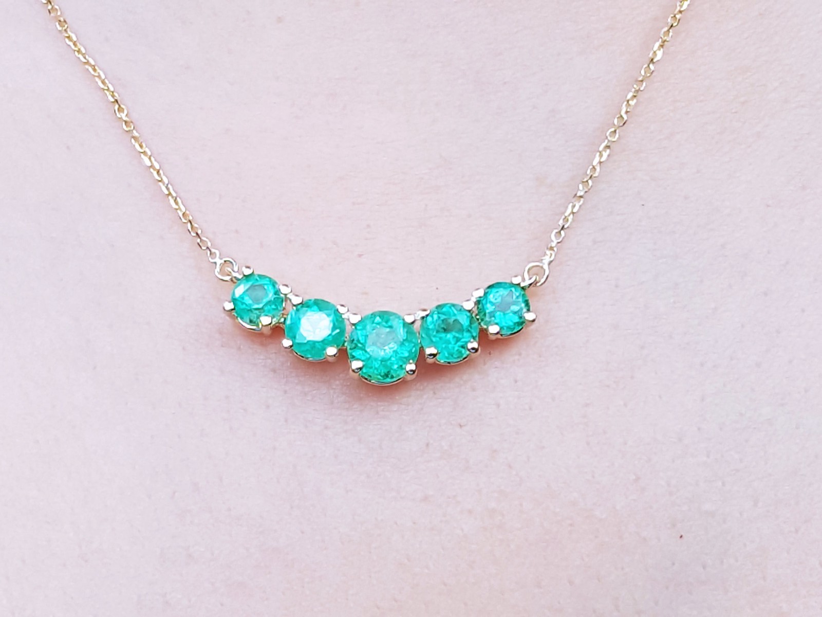 Five Stone Round Cut Colombian Emerald Necklace Solid 14K Yellow Gold