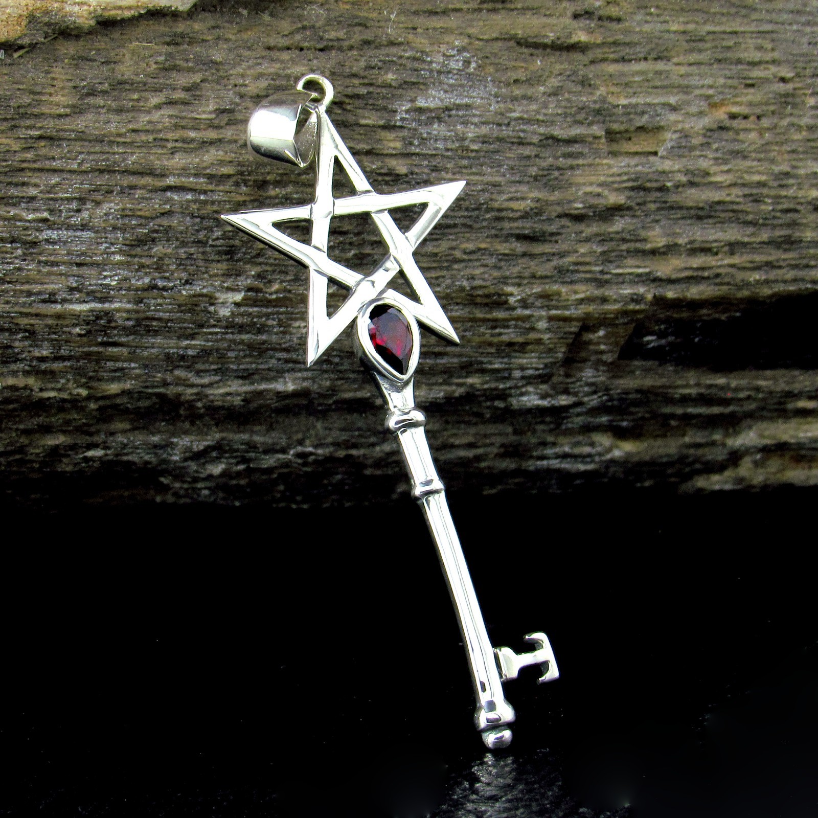 Solid 925 Sterling Silver Pentagram Key Pendant Wiccan Pagan Witchcraft Jewelry