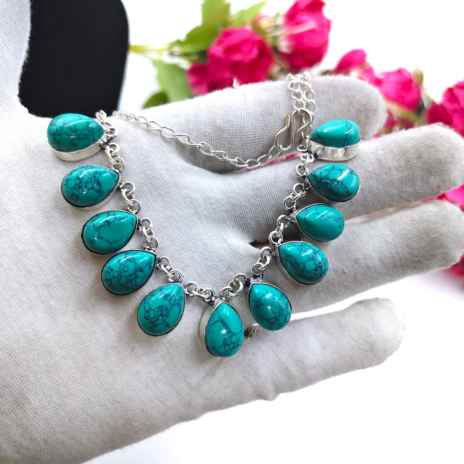 Blue Turquoise Gemstone Handmade 925 Sterling Silver Jewelry Necklace Sz-17-18″