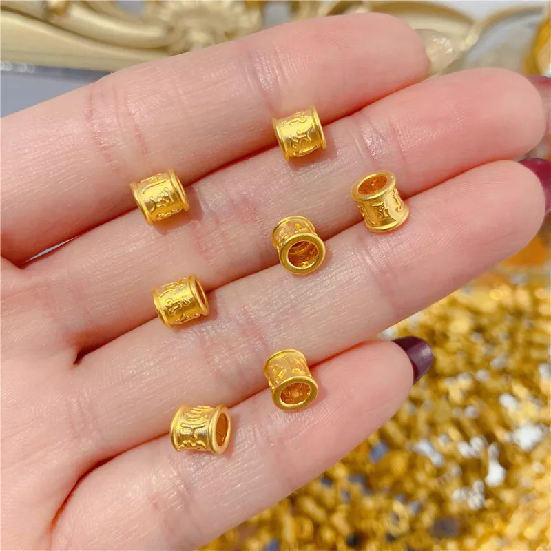1pcs Pure 999 24K Yellow Gold Women 3D Lucky Six Words Long Tube Bead Pendant