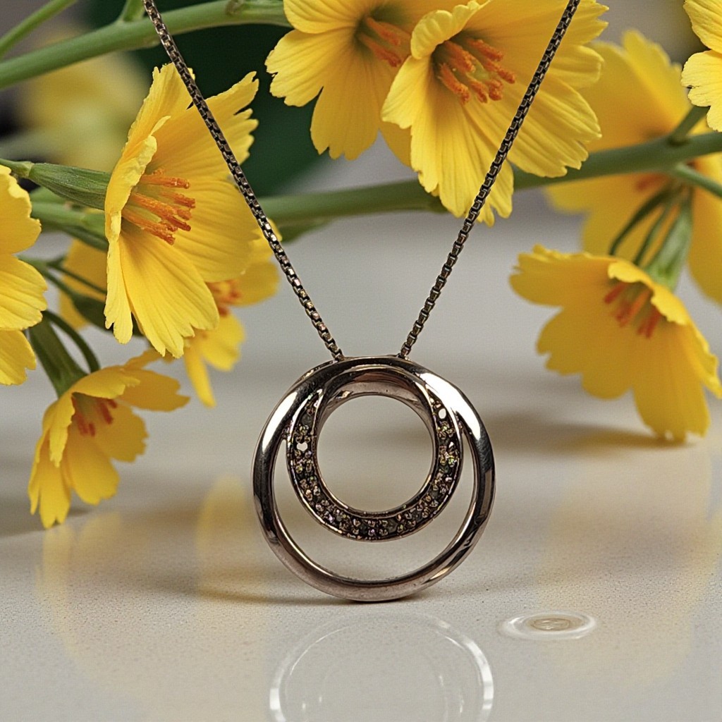 Sterling Silver 925 Gray Diamond Double Circle Pendant Necklace Box Chain 19″