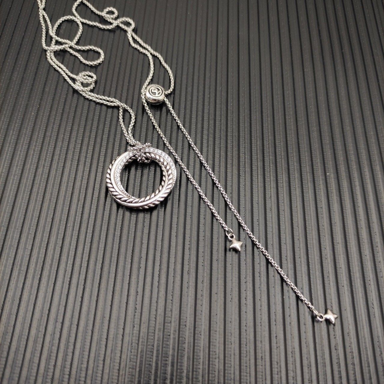 David Yurman Classic Cable Circle Pendant 925 Silver Diamond Slide Necklace 90cm
