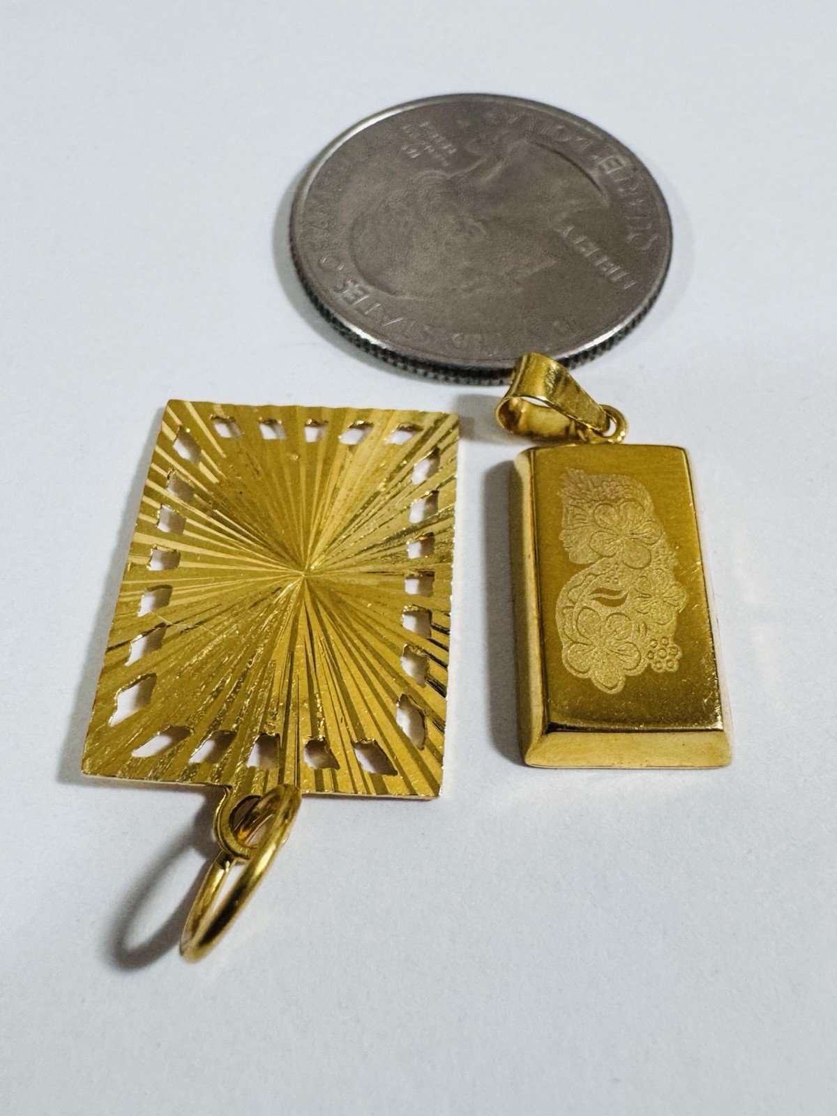 Gold 22K Solid 916 Real Gold Two Set (2) Bar/ Sikh Allah Devine Pendant 5.2g