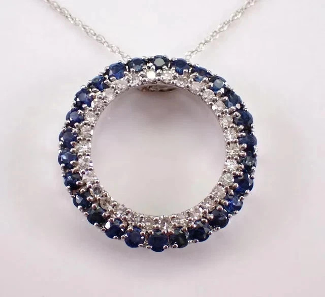 2 Ct Round Cut Lab Created Blue Sapphire Circle Pendant 14K White Gold Plated