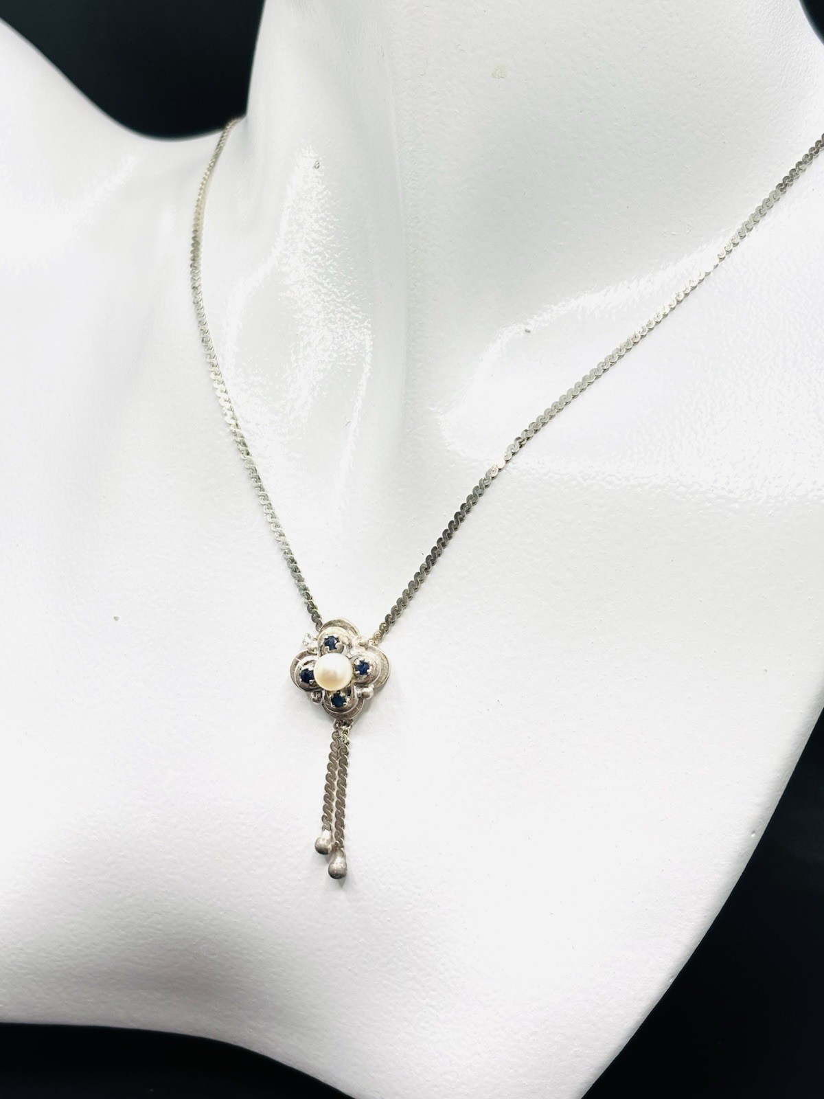 Vintage 835 German Silver Genuine Sapphire & Pearl Pendant Necklace 16.5”