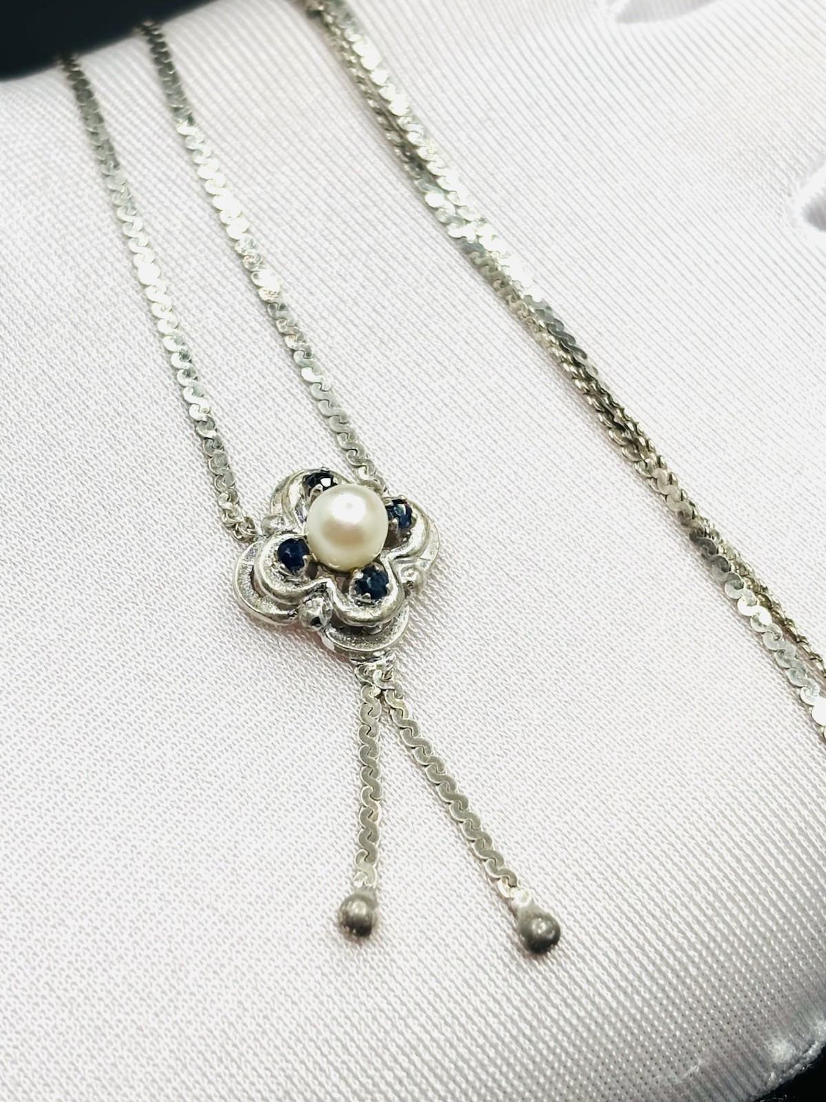 Vintage 835 German Silver Genuine Sapphire & Pearl Pendant Necklace 16.5”