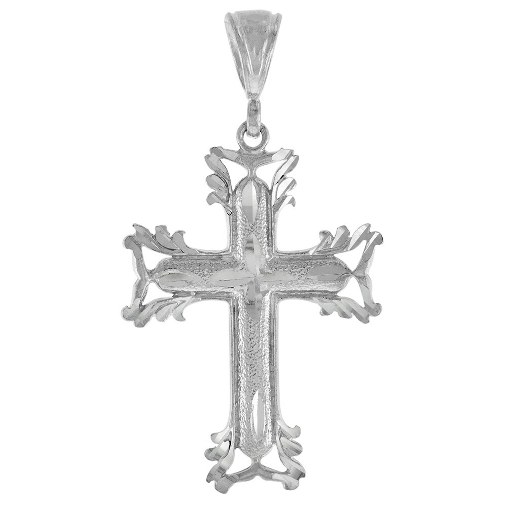 925 Sterling Silver Diamond Cut Leafy Cross Pendant 1 1/2 Inch (38mm) Tall