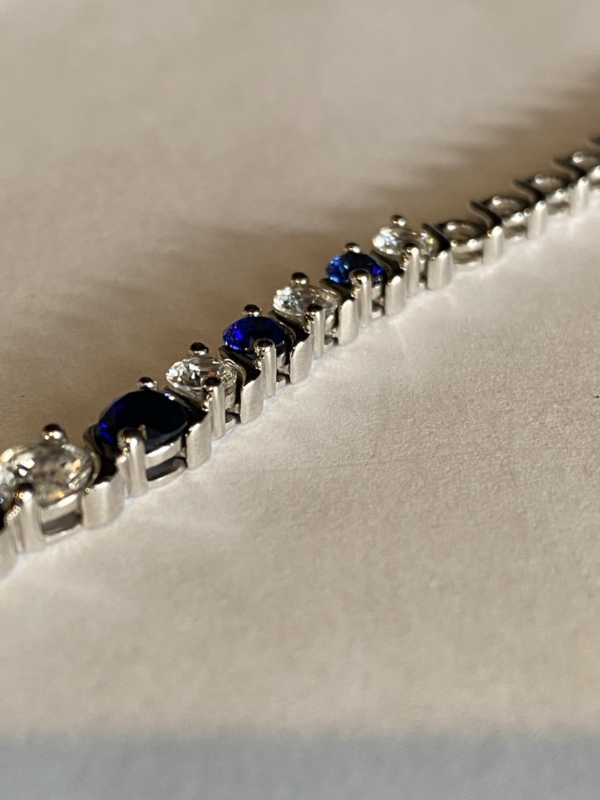 925 Sterling Silver Lab Created Blue & White Sapphire Tennis Necklace Signed EMA