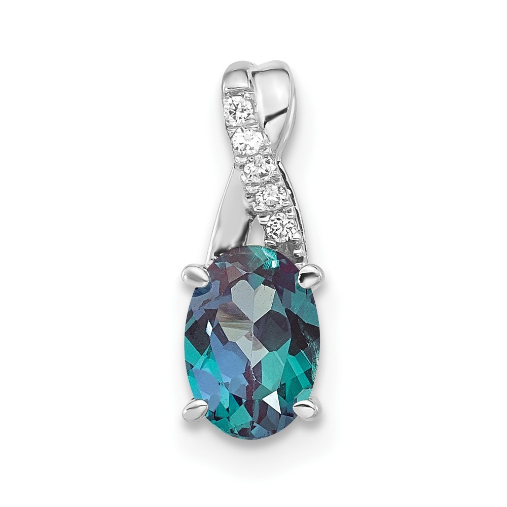 14K White Gold Oval June/Lab Created Alexandrite and Diamond Pendant