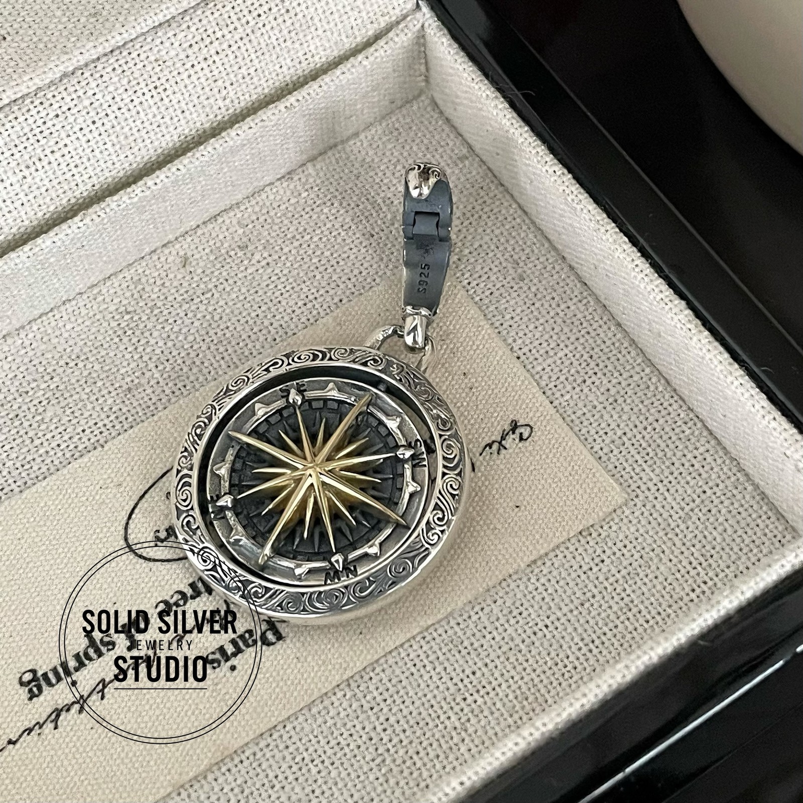 Spinner Compass&Fleur de Lis Pendant 925 Silver Amulet Vintage Medallion Jewelry