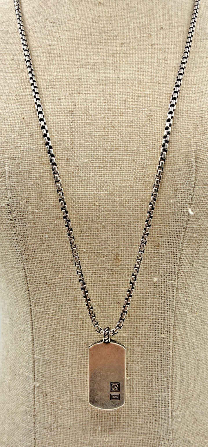David Yurman 925 Sterling Silver Plain Dog Tag Pendant 20″ Box Chain DY Signed