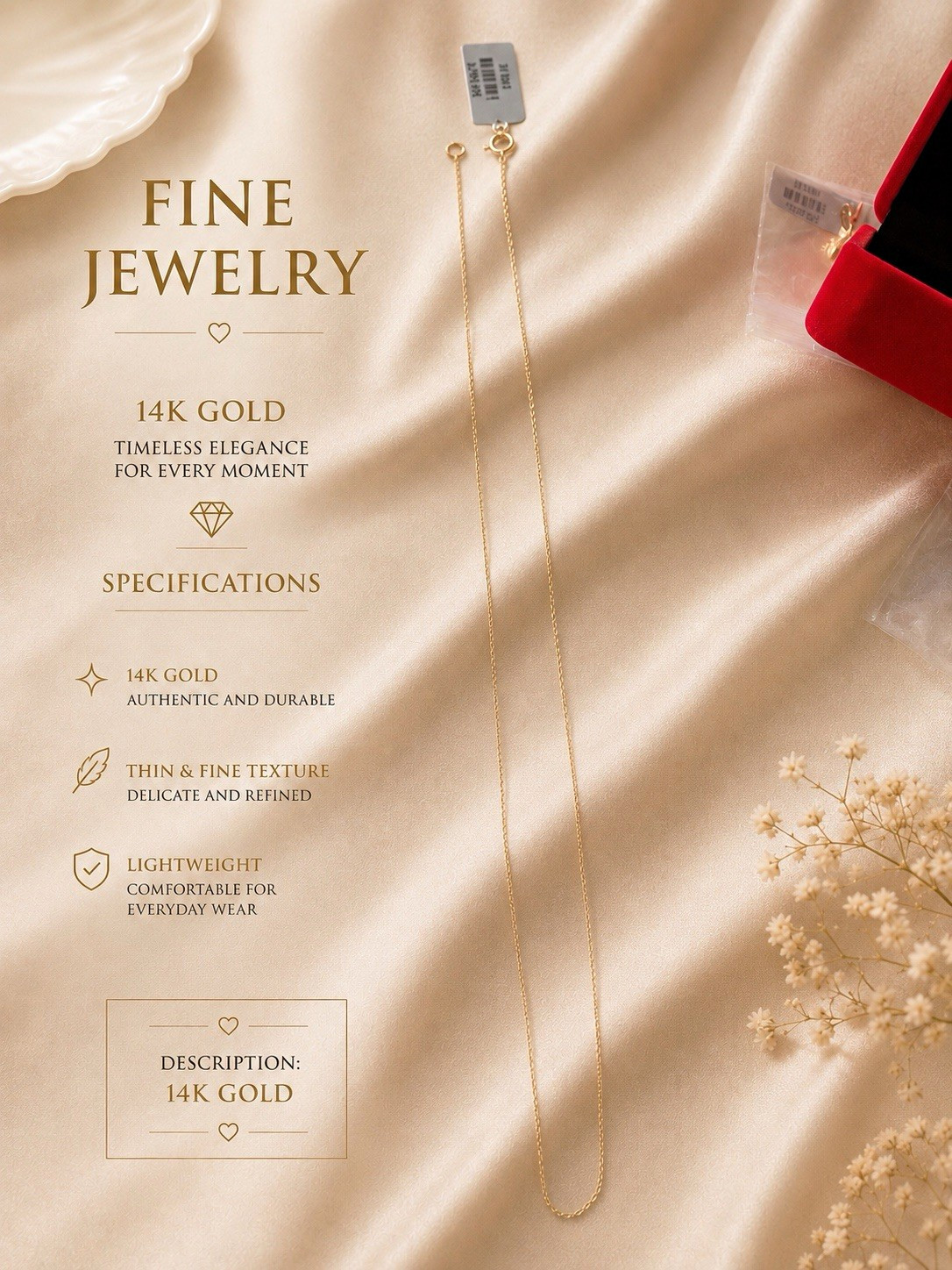 14K Yellow Gold Lightweight Cable Chain Necklace Spring Ring Closure