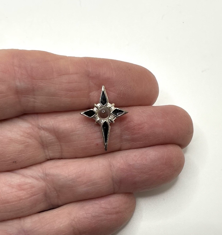 925 Silver Cross Pendant Four-Pointed Star Black Enamel Inlay Center Stone 3/4”