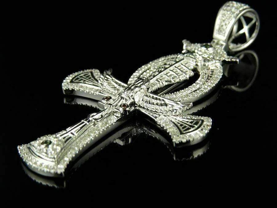 1.85Ct Lab Created Diamond Horus Eagle Cross Pendant 14K White Gold Finish