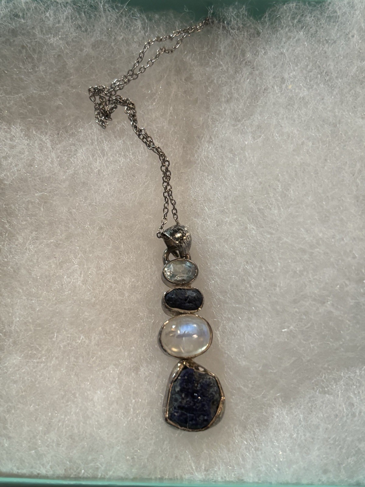Rough Raw Cut Amethyst Faceted Blue Topaz Moonstone Sterling Silver Necklace 18″