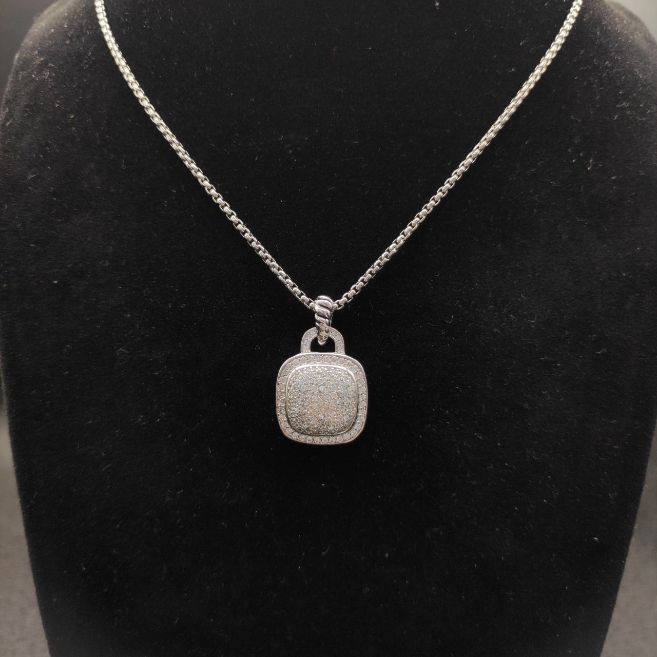 David Yurman Sterling Silver 14mm Pave Diamond Albion Pendant & Necklace 18 inch