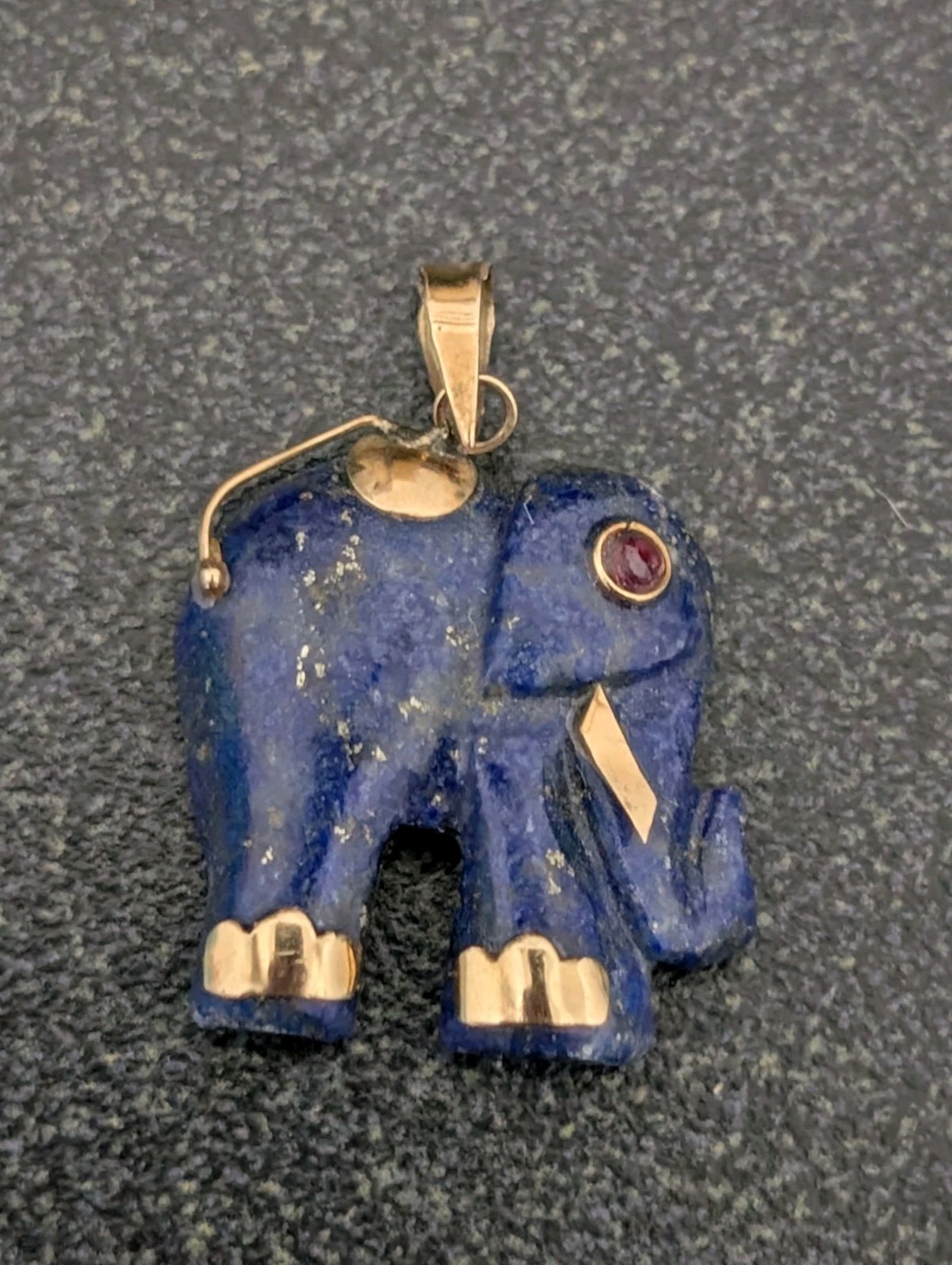 14K Gold Lapis Lazuli Ruby Eye Carved Elephant Pendant