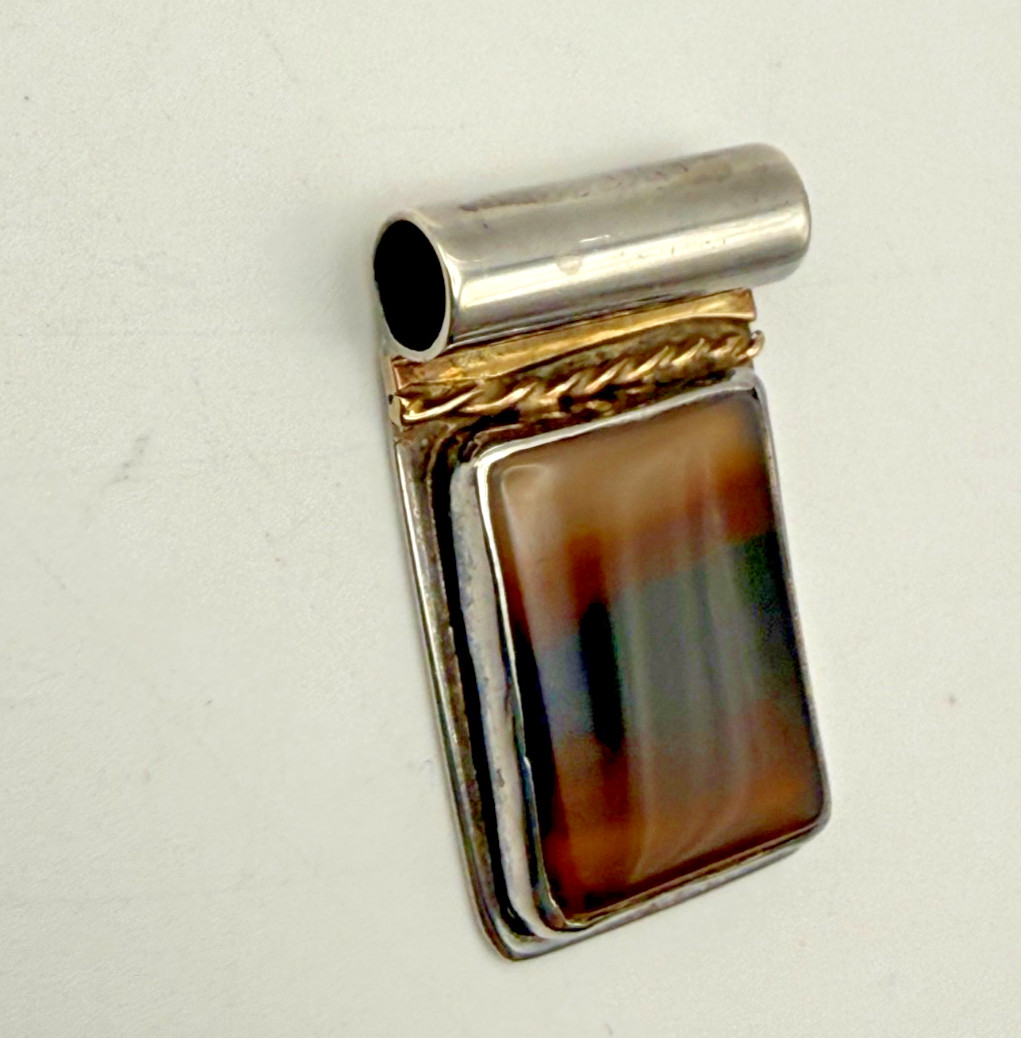 Vintage Italy 14K Sterling Silver Banded Stone Slide Pendant Mixed Metal