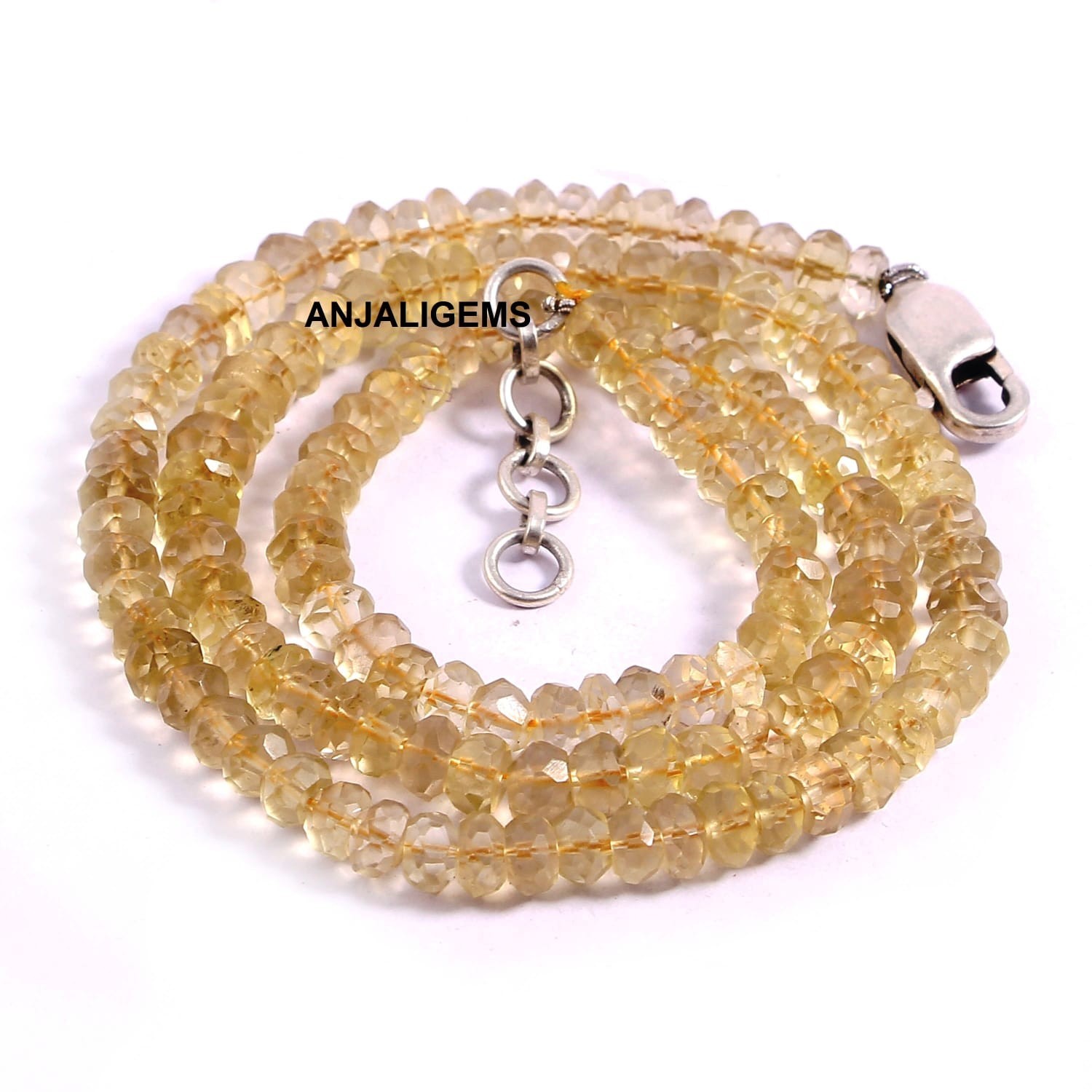 18K White Gold Finished AA+ Natural Golden Topaz Beads Necklace Over 925 Silver