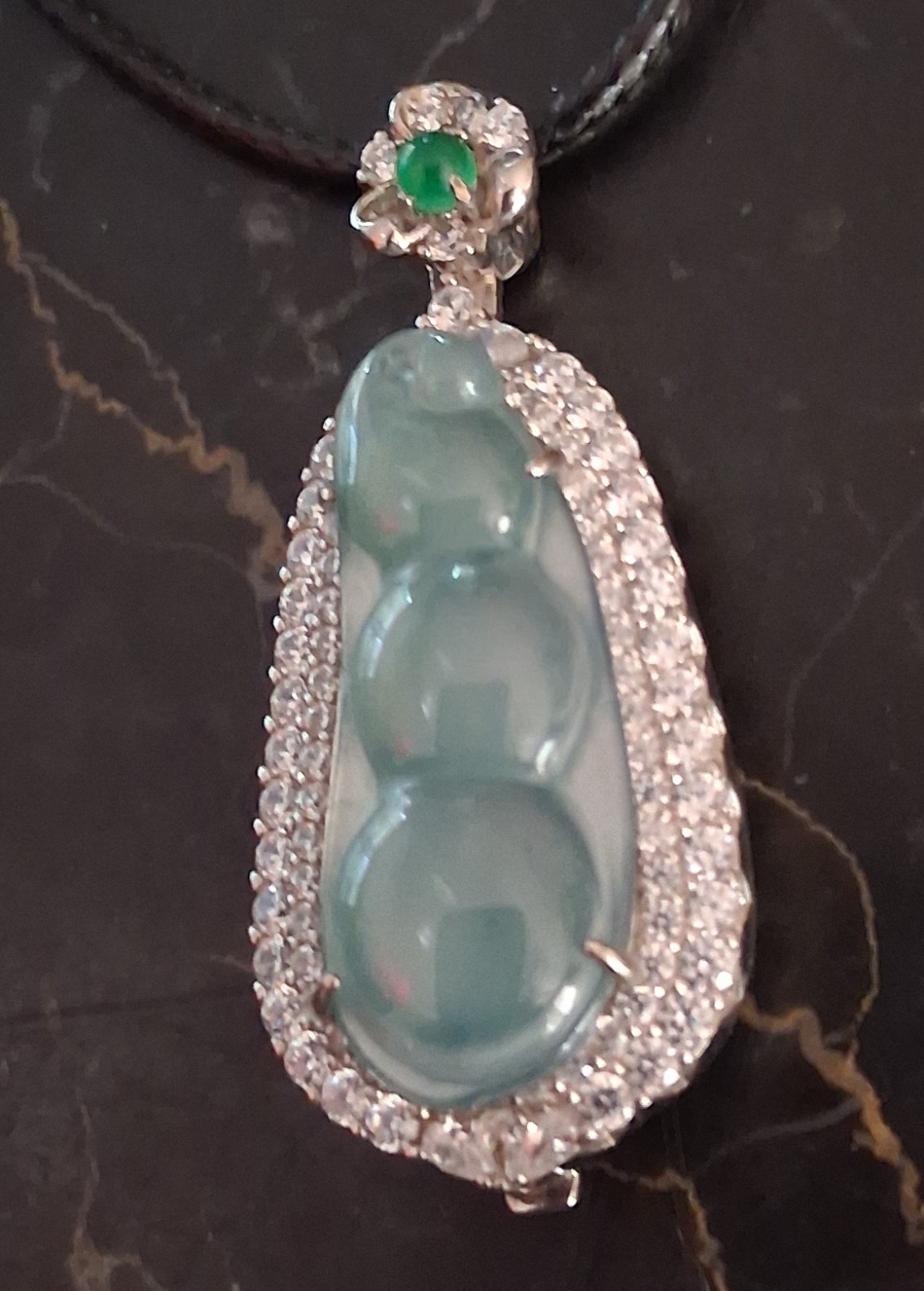 Natural Jadeite Teardrop Pendant Necklace 925 Sterling Silver Black Cord Signed