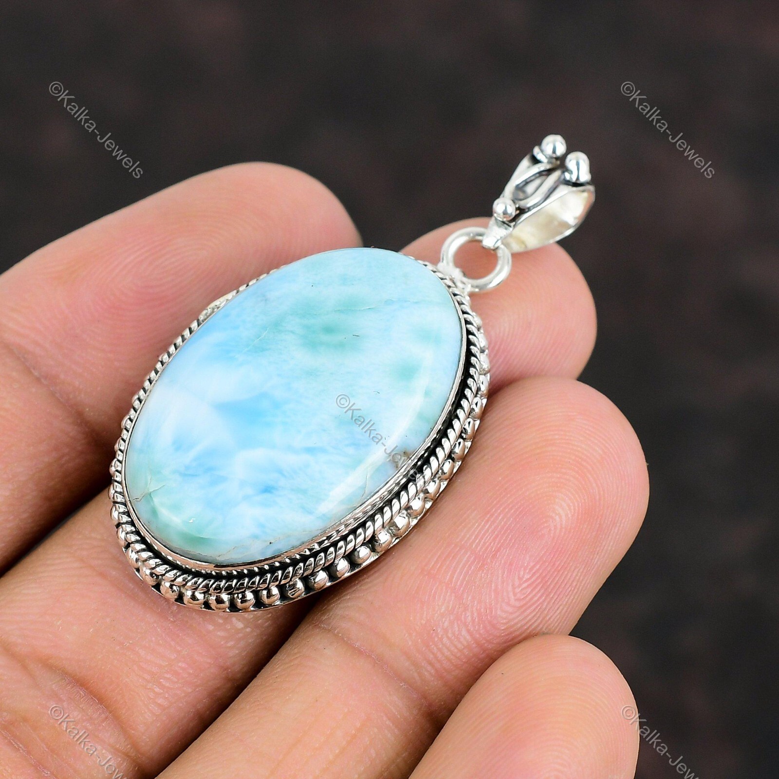 Natural Larimar Gemstone Pendant Blue 925 Sterling Silver Indian Jewelry