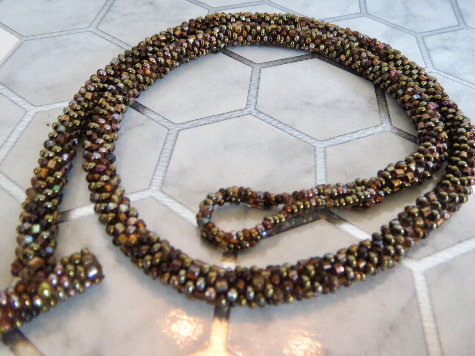 No Metal Woven Seed Pearl & Seed Beads 7mm Wide Round NECKLACE 24″ Length