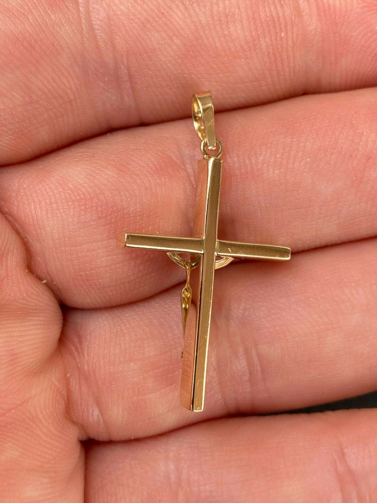 Mens Solid 14k Yellow & White Gold Cross W. Jesus Pendant 1.25″ 1.2gr Necklace