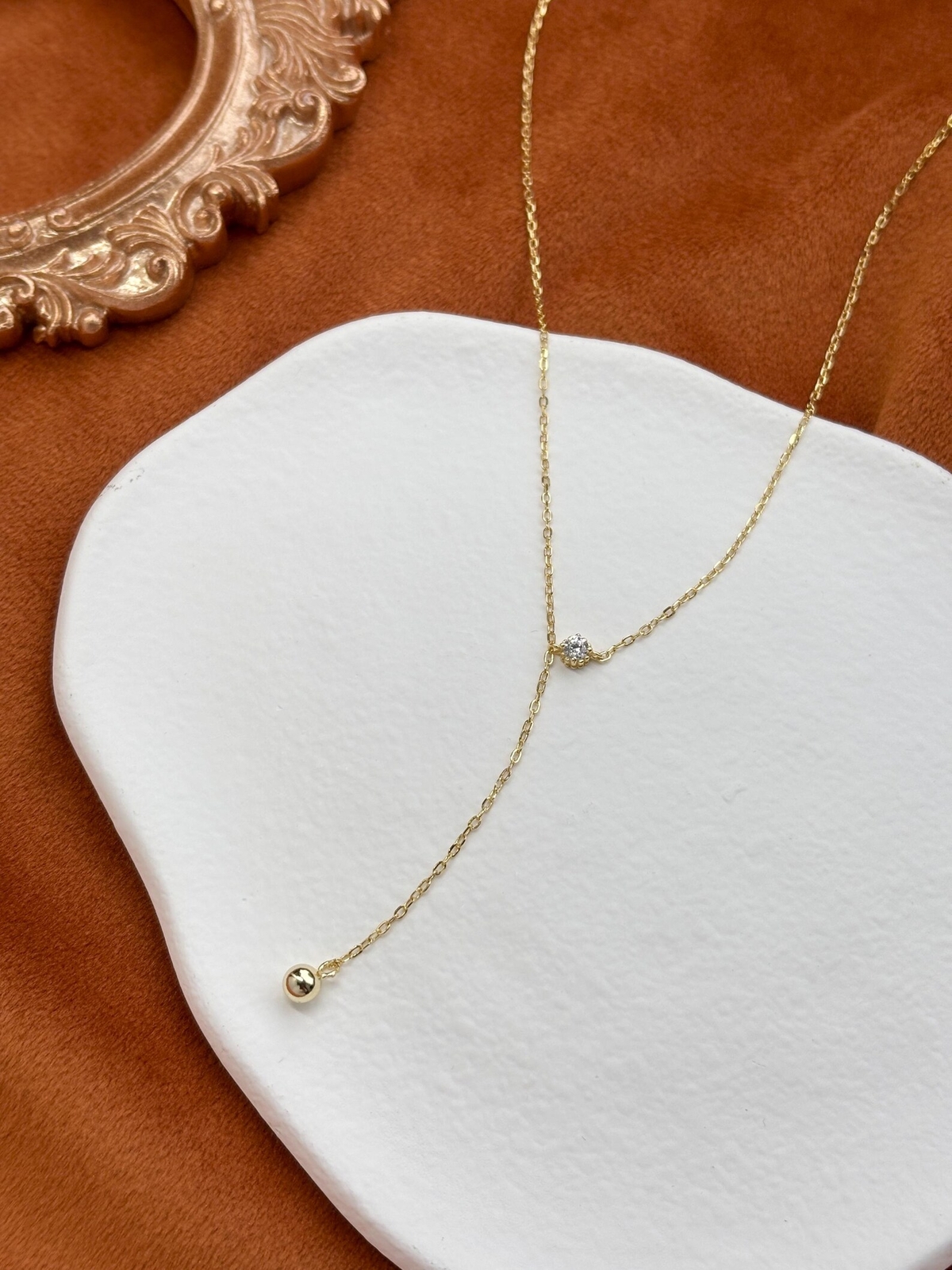 14K Gold Plated Sterling Silver Chain Y Lariat Necklace Zircon Beaded Pendant