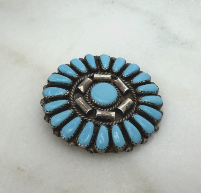 Vintage Zuni Sterling Silver Petit Point Turquoise Concho Brooch [066DUR]