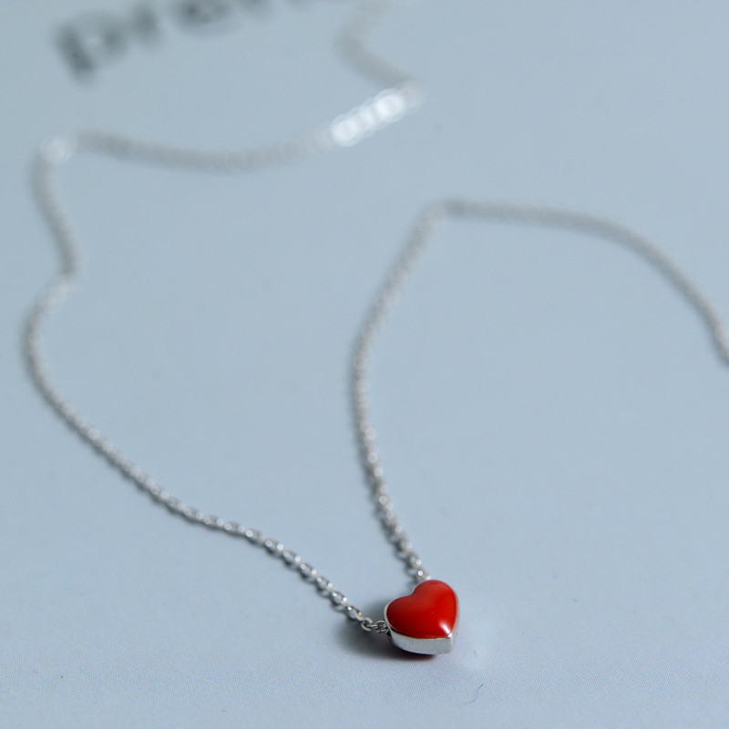 Woman Real S925 Sterling Silver Enamel Heart Cute Charm Pendant Necklace Chain