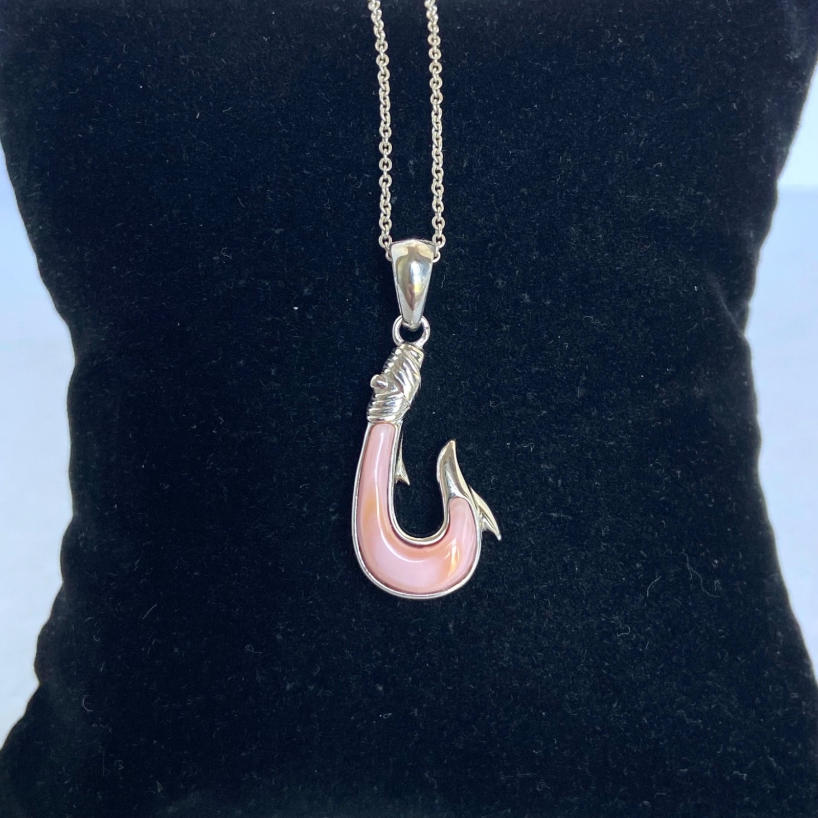Sterling Silver 925 Pink Conch Maui Fish Hook Pendant Necklace 18″ Cable Chain