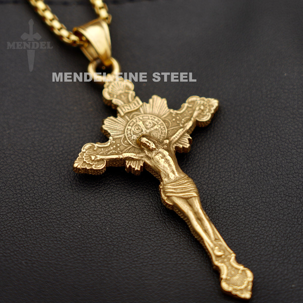 MENDEL Mens Gold Plated Jesus Crucifix Cross Pendant Necklace For Men Stainless