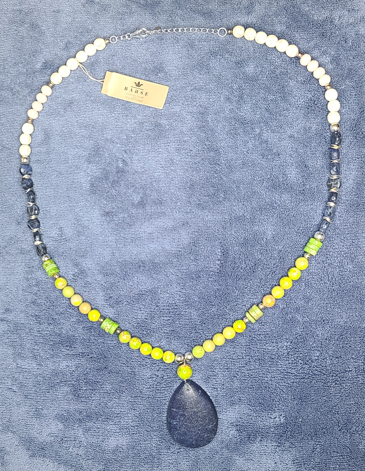 Barse Necklace Lapis Jasper Sterling Silver 925 Genuine Stones White Green Blue