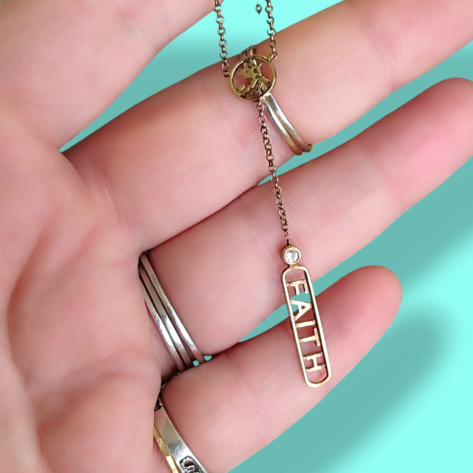 Italy Gold Plated Sterling Silver 925 & Diamond Faith Lariat Necklace 19in
