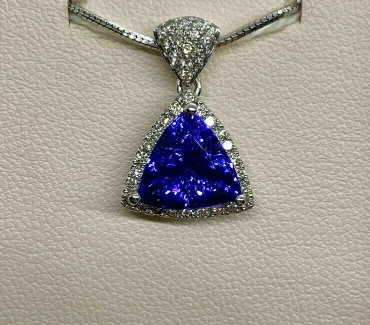 3Ct Trillion Cut Lab Created Blue Tanzanite Halo Pendant 14k White Gold Finish